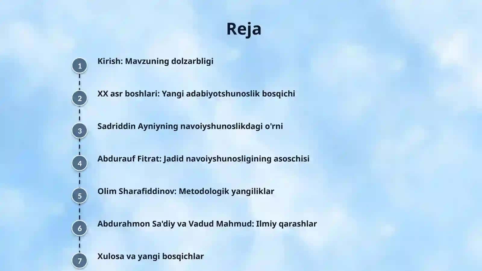 XX asr boshlari o'zbek navoiyshunosligining o'ziga xos xususiyatlari (XX asr adabiyotshunosligi — navoiyshunoslik taraqqiyotida yangi bosqich, Sadriddin Ayniyning navoiyshunoslik tadqiqotlari, Abdurauf Fitrat — jadid navoiyshunosligining asoschisi, Olim Sharafiddinovning metodologik xizmatlari, Abdurahmon Sa'diy va Vadud Mahmudlarning ilmiy qarashlari) 2