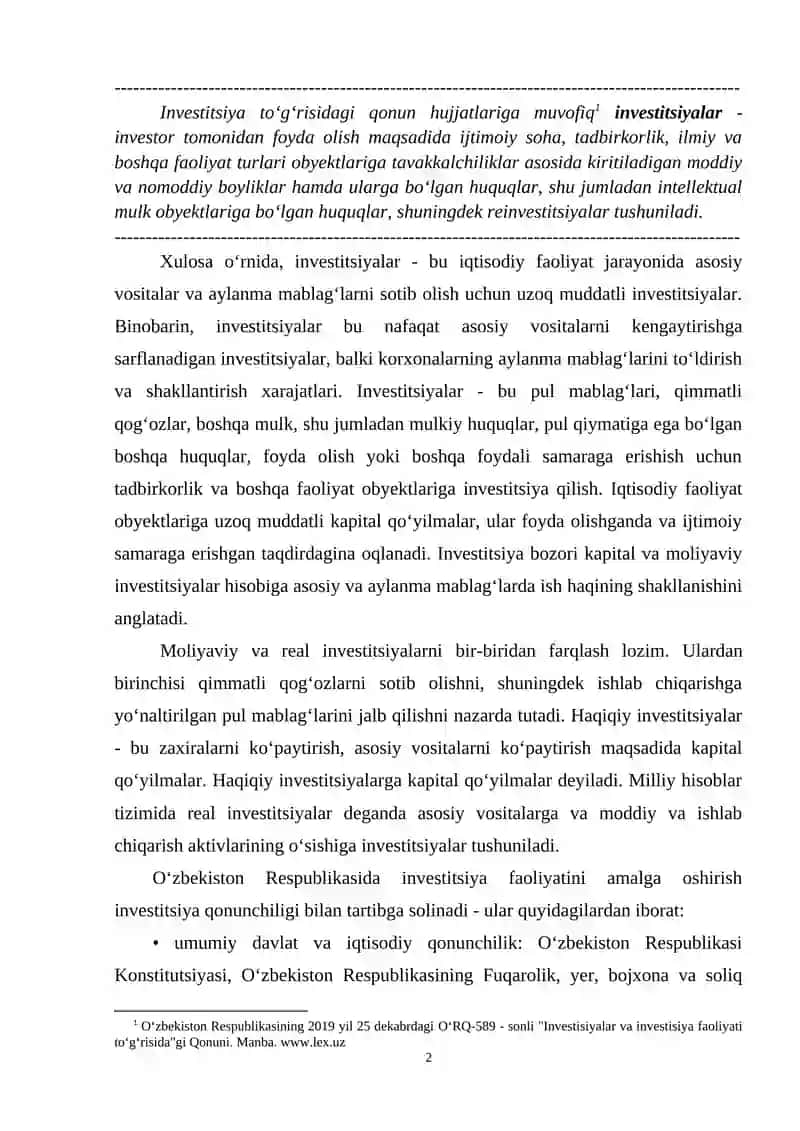 10-МАВЗУ. QISHLOQ XO‘JALIGIDA INVESTITSIYALAR VA ULARDAN FOYDALANISH SAMARADORLIGI 2