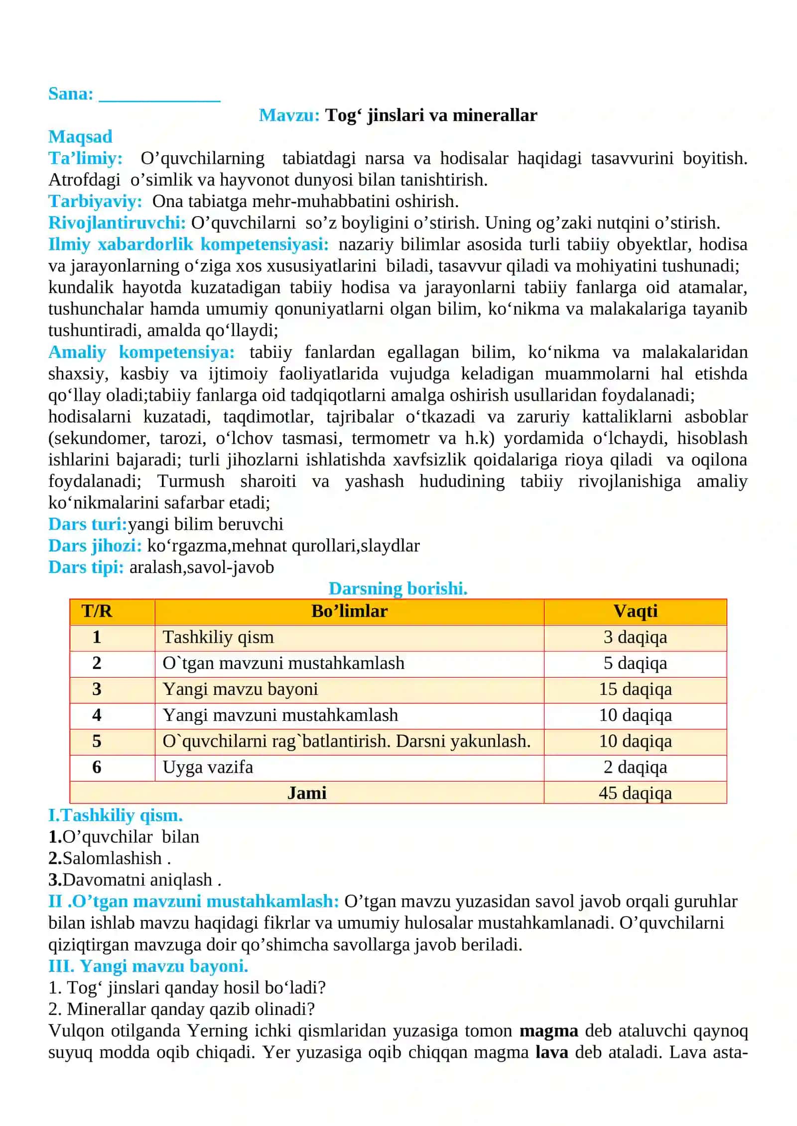 3-sinf Tabiiy fan (Science) Tog' jinslari va minerallar dars ishlanma 2