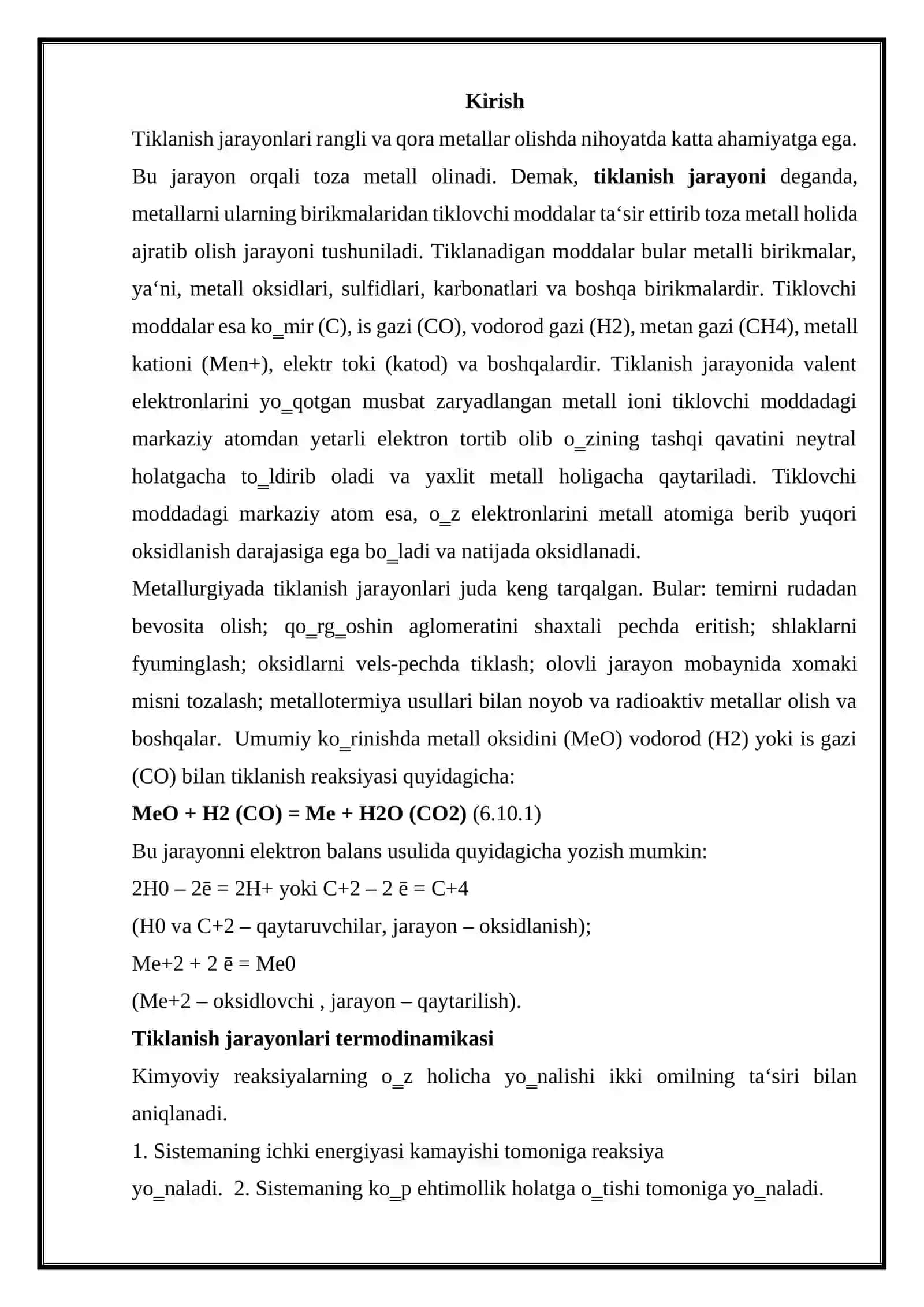 Qattiq fazadagi metal oksidini tiklanish jarayonini mexanizmi va kinetikasi 2