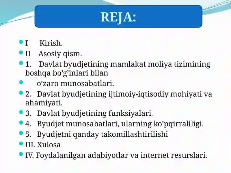 Davlat byudjeti tarkibi va uni takomillashtirish yo’llari 2