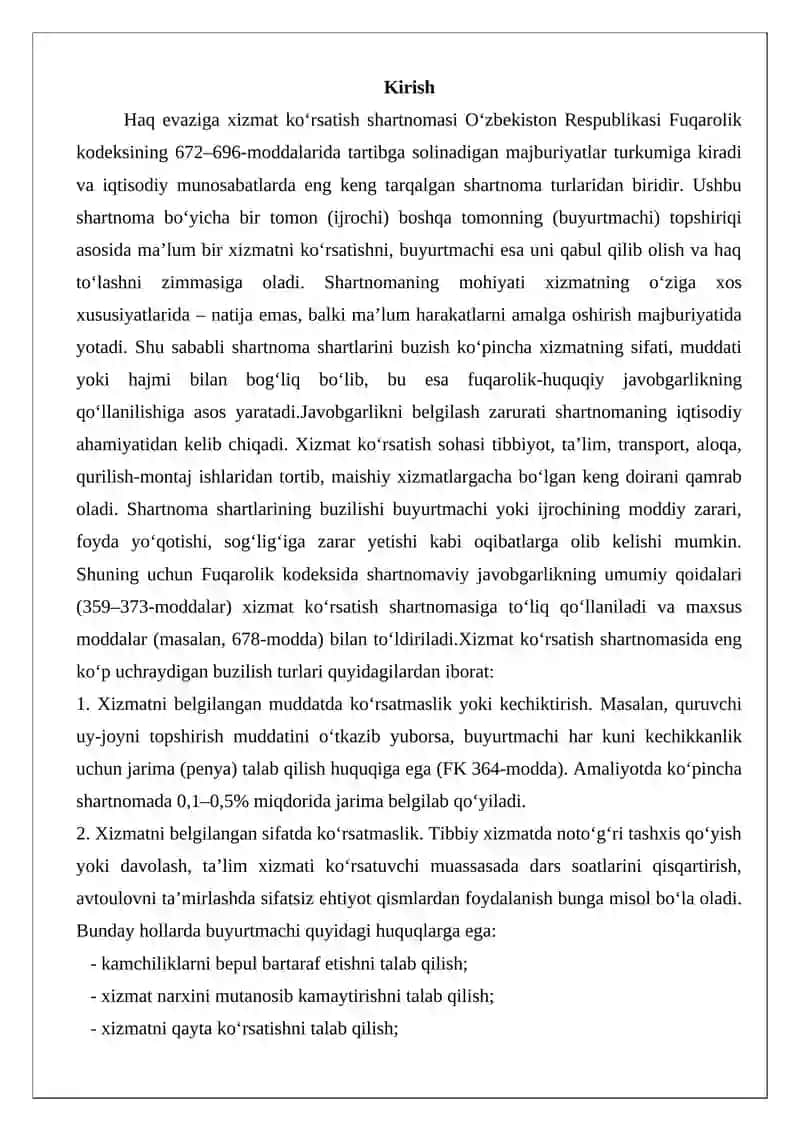 Haq evaziga xizmat ko‘rsatish shartnomasi shartlarini buzganlik uchun fuqarolik-huquqiy javobgarlik asoslari 2