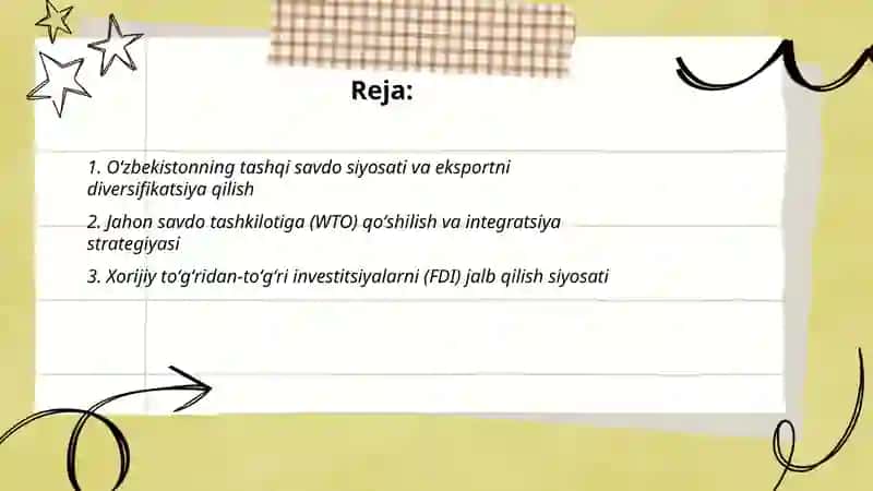 Oʻzbekistonning tashqi iqtisodiy siyosati va jahon hamjamiyatiga integrasiyasi 2