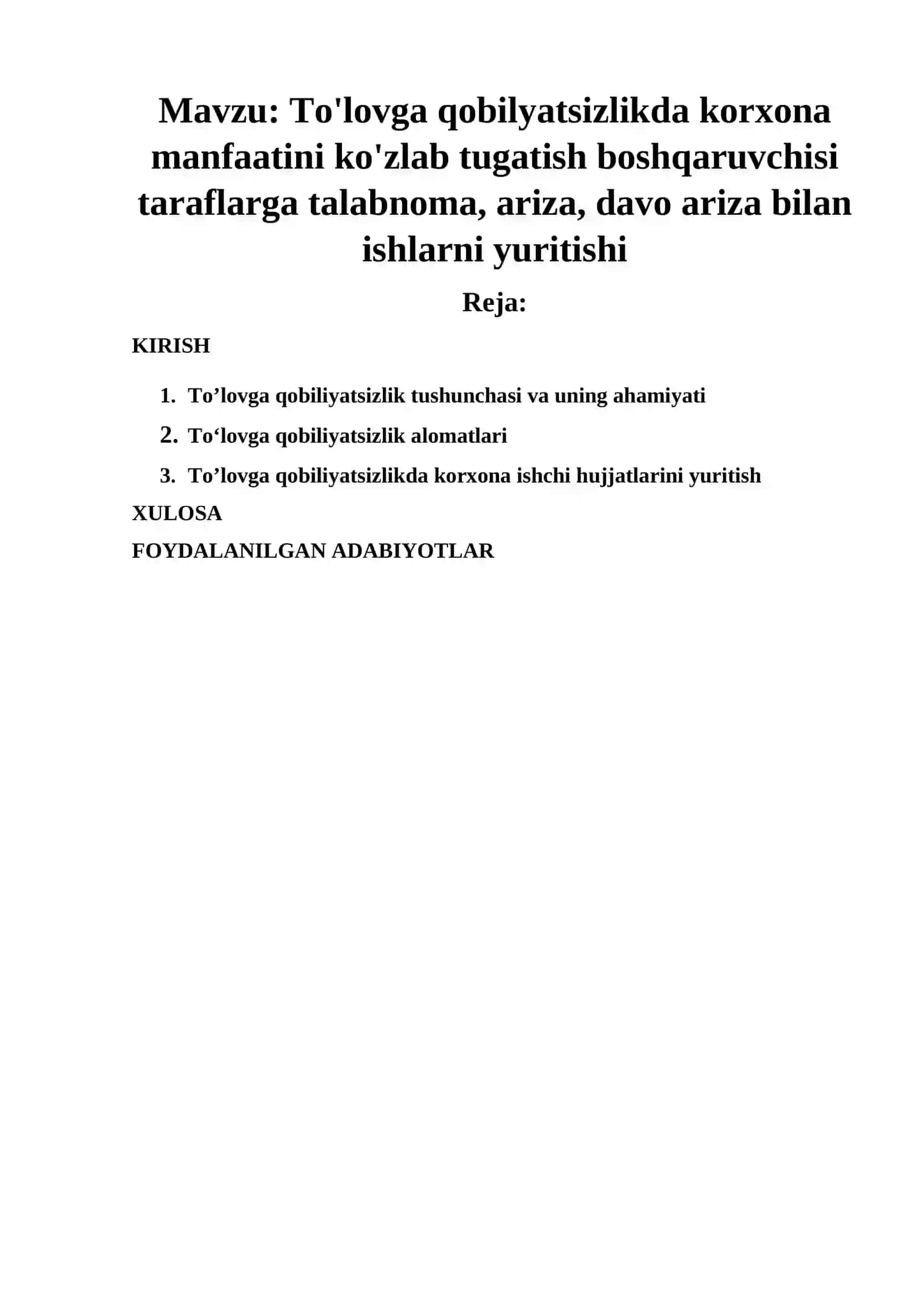 To'lovga qobilyatsizlikda korxona manfaatini ko'zlab tugatish boshqaruvchisi taraflarga talabnoma, ariza, davo ariza bilan ishlarni yuritishi 2