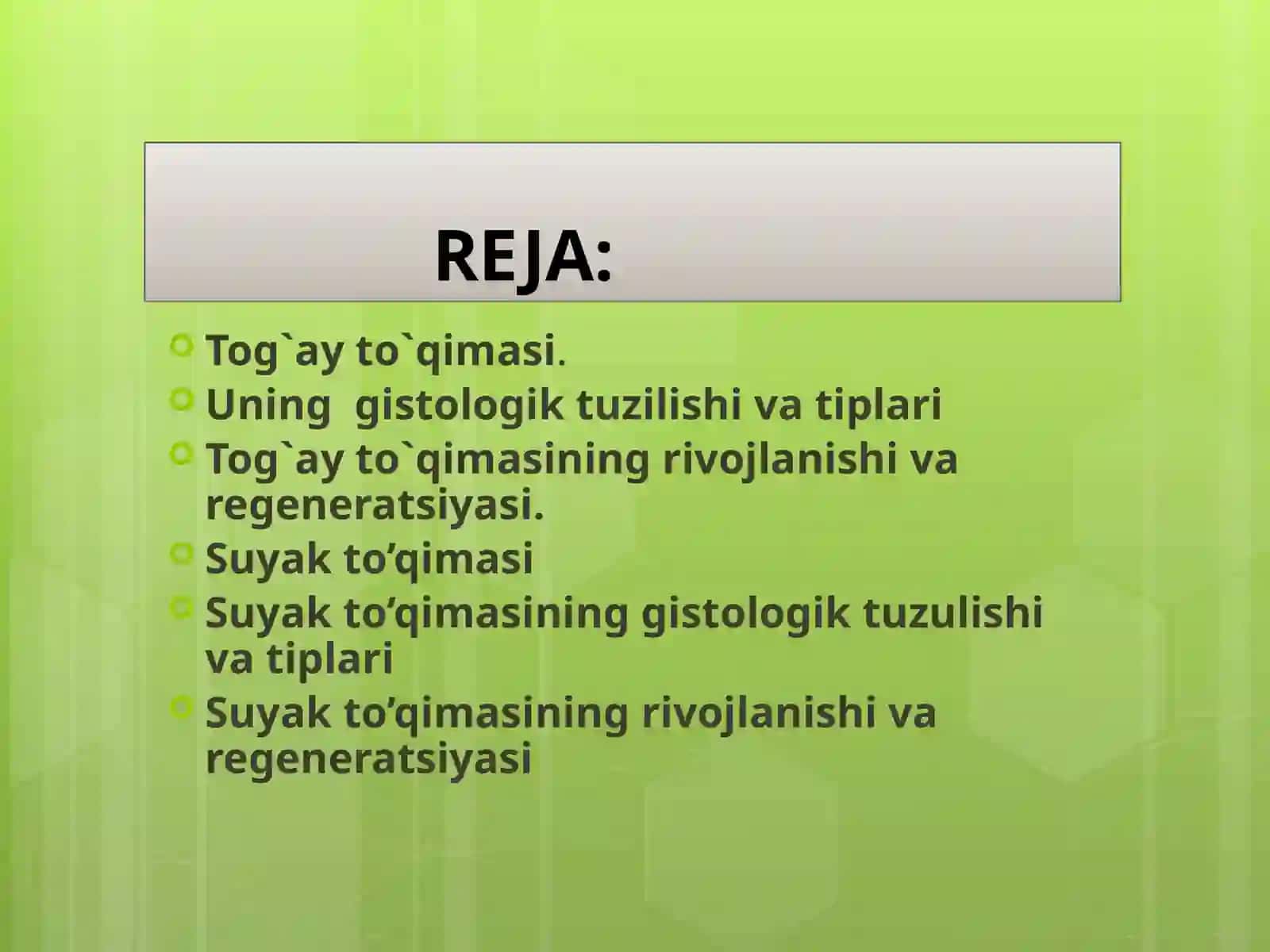 Suyak to'qimalarining minerallashuvi,uning tartibga solinishi va buzilishlari.Suyak to'qimalaring regeneratsiyasi va transplamtatsiyasi.Suyakning o'sishiga ta'sir qiluvchi omillar 2