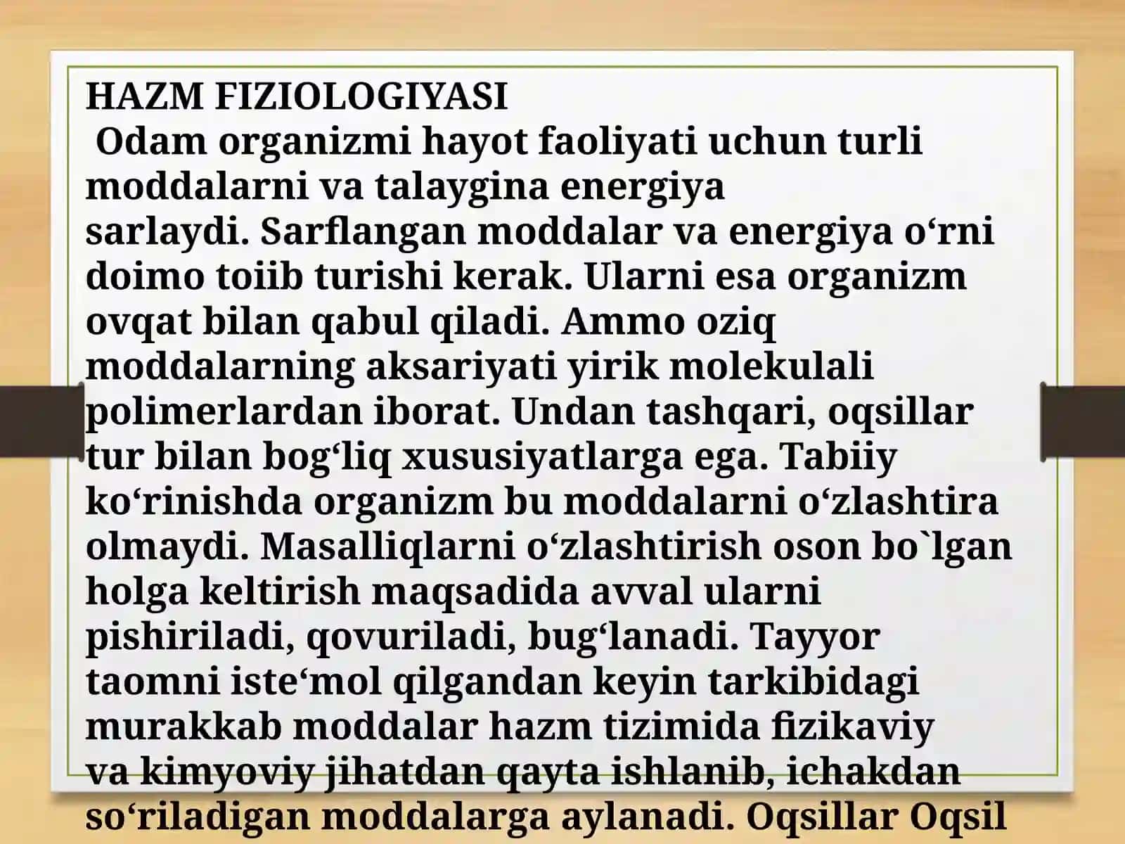 Hazm tizimi faoliyati. Oģiz bòshliģi va medada ovqat hazm bòlishi. 2
