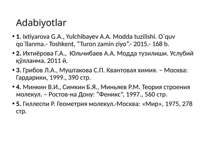 Modda tuzilishi zamonaviy kimyoning nazariy asosi. Asosiy tushunchalar 2