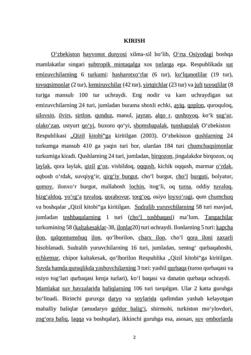 Zoologiya Oʻzbekiston hududiga oxirgi on yillikda kirib kelgan umurtqali hayvon ularning biologik xilma xillikga tasiri kurs ishi 2