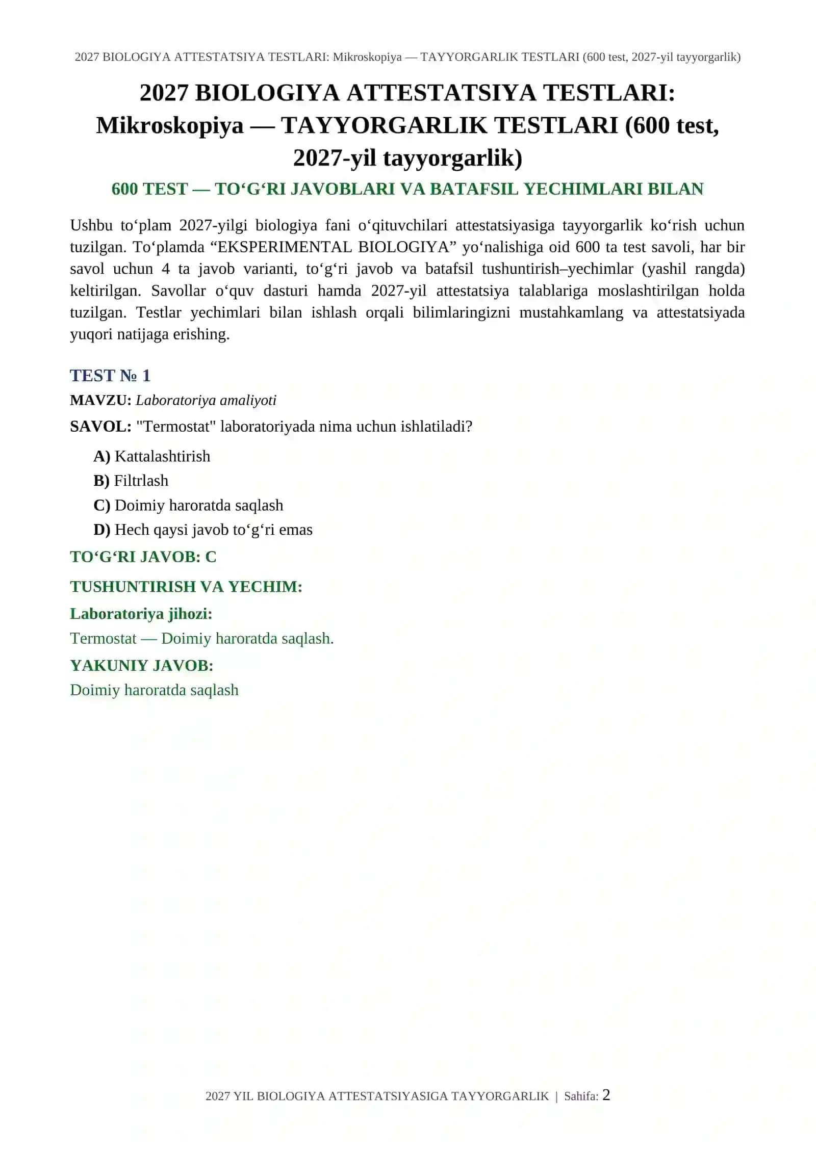 2027 BIOLOGIYA ATTESTATSIYA TESTLARI: Mikroskopiya — TAYYORGARLIK TESTLARI (600 test, 2027-yil tayyorgarlik) 2