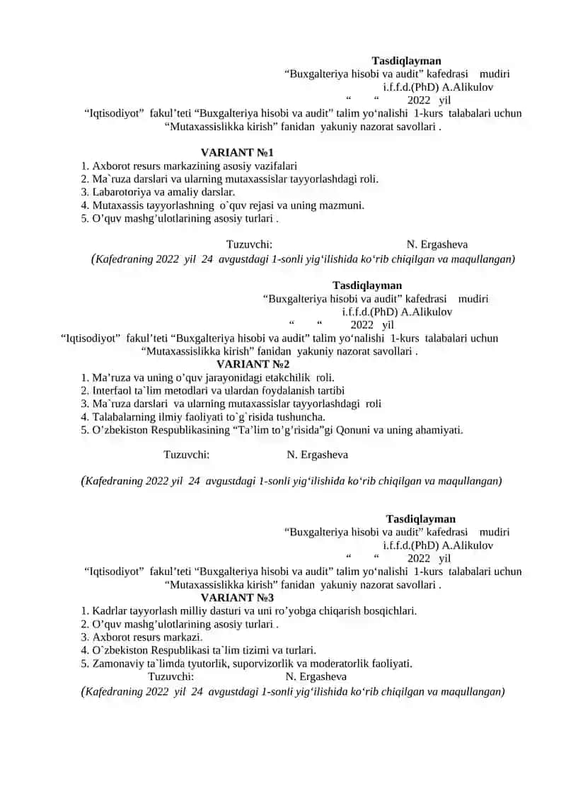 Mutaxassislikka kirish yakuniy nazorat savollari 2