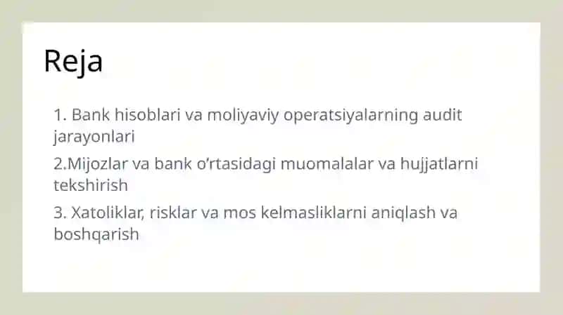 Bankdagi hisob kitob schoti va boshqa schyotlarga doir muomalalar auditi 2