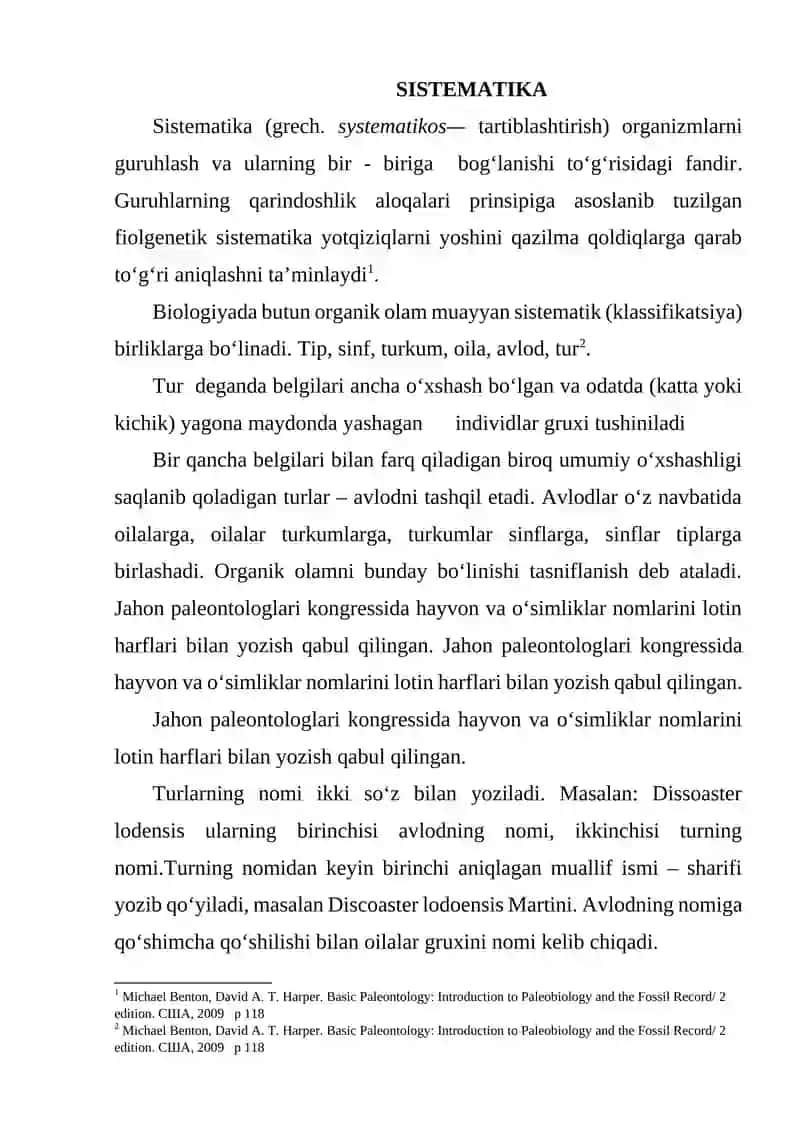 PALEONTOLOGIYA KLASSIFIKATSIYA, SISTEMATIKA VA NOMENKLATURA 2