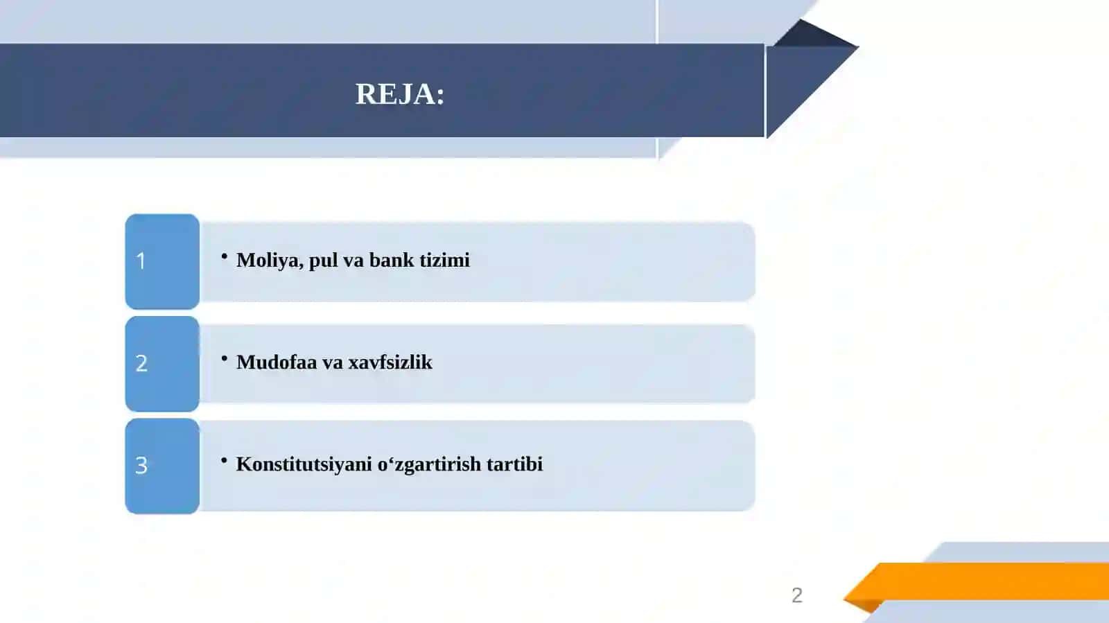 MOLIYA, PUL VA BANK TIZIMI HAMDA MUDOFAA VA XAVFSIZLIK MASALALARI. KONSTITUSIYAGA O‘ZGARTIRISH KIRITISH TARTIBI 2