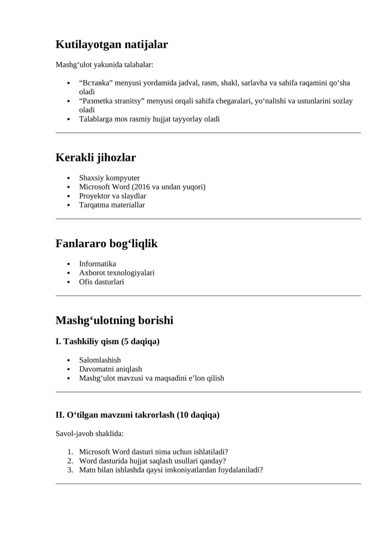 Microsoft Word dasturida “Вставка (Insert)” va “Разметка страницы (Page Layout)” menyu bo‘limlarining imkoniyatlaridan foydalanish 2