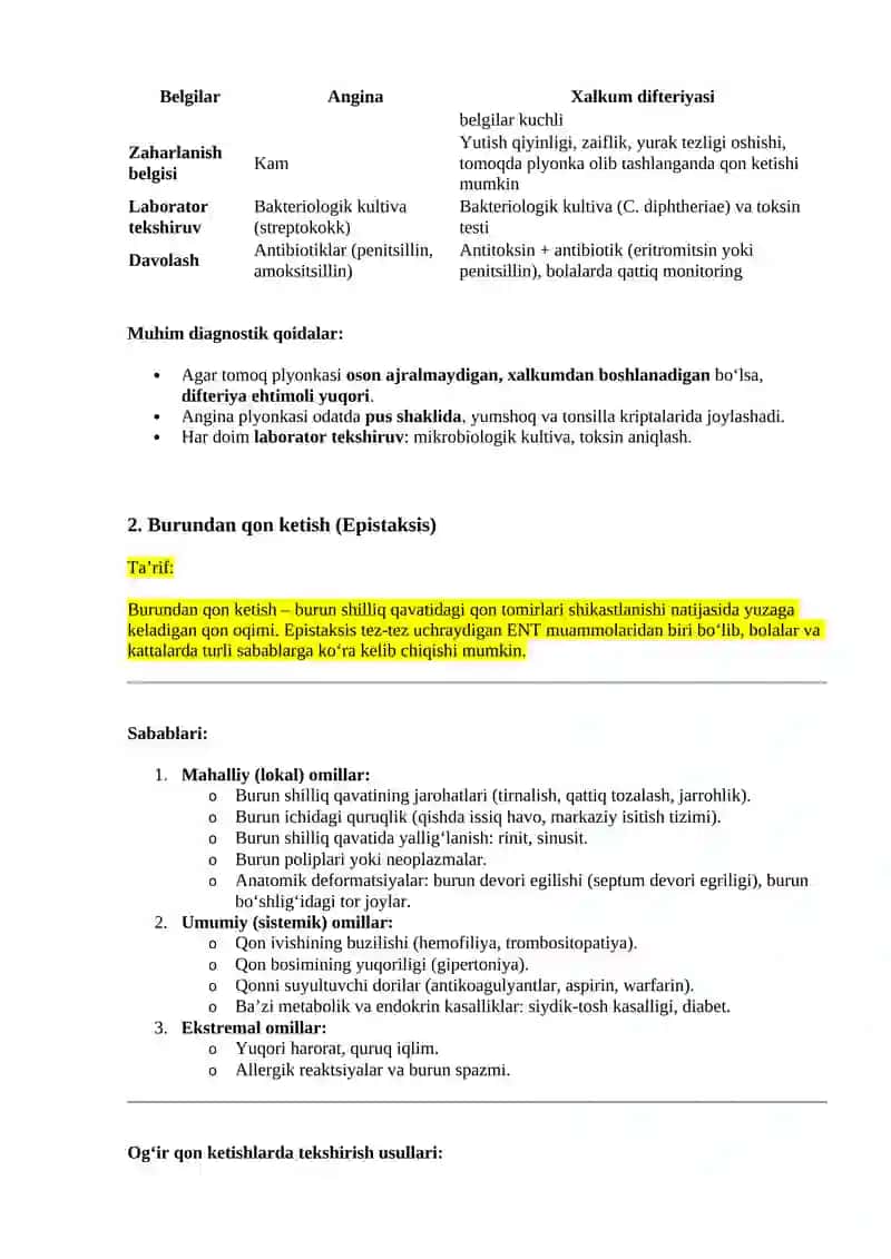 Otorinolaringologiya mutaxassisligi bo'yicha shakllantirilgan og'zaki savollarga javoblar ro'yxati 2