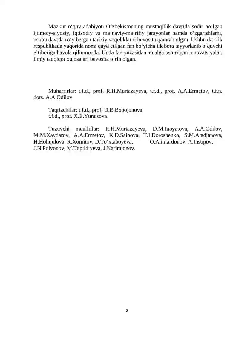 O‘zbekistonning eng yangi tarixi (Oliy o‘quv yurtlari nomutaxassis fakultet talabalari uchun) 2