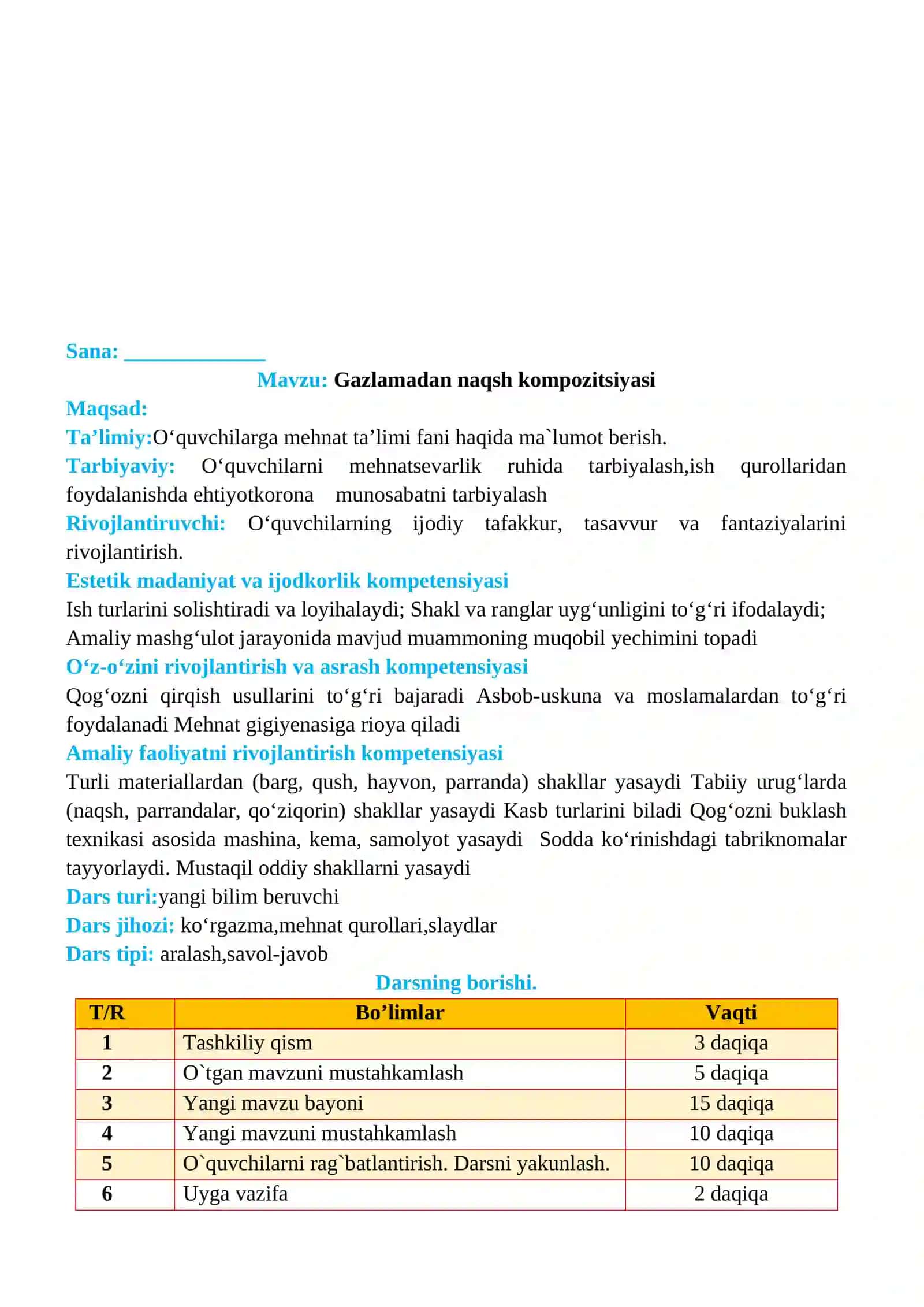3-sinf Texnologiya fanidan Gazlamadan naqsh kompozitsiyasi yasash dars ishlanma 2