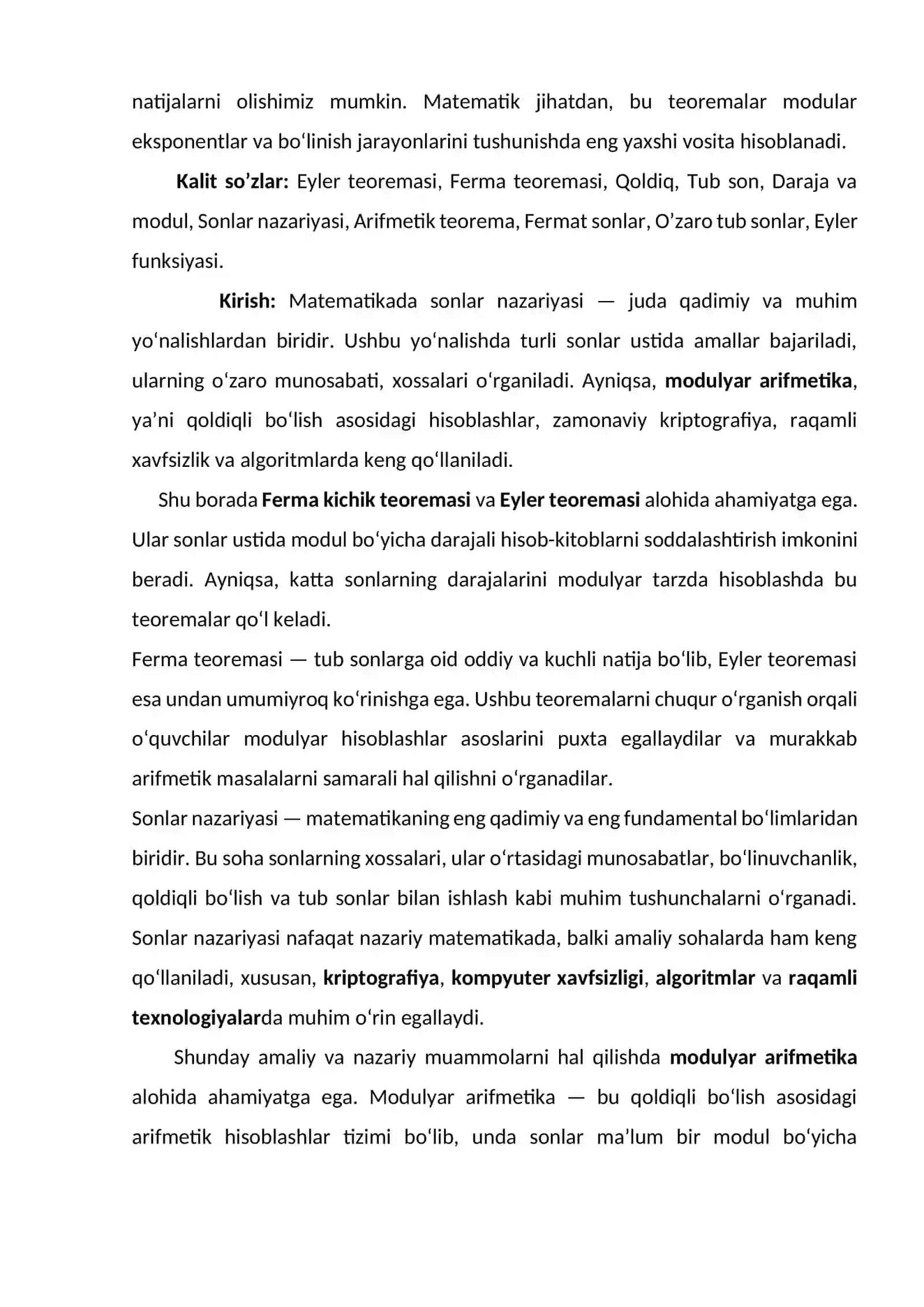 Eyler va Ferma teoremasiga doir misol va masalalar yechish. KURS ISHI 2