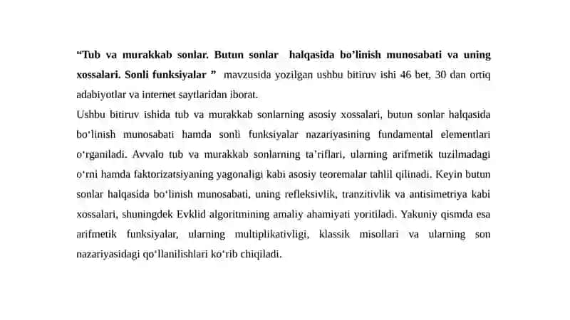 Tub va murakkab sonlar. Butun sonlar  halqasida bo’linish munosabati va uning xossalari. 2