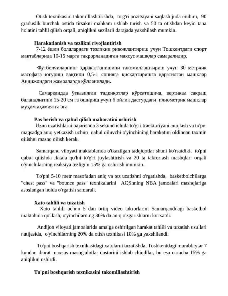 Basketbol oʻyinida shugʻullanuvchilarning oyini texnikasini oʻrgatishni takomillashtirish 2