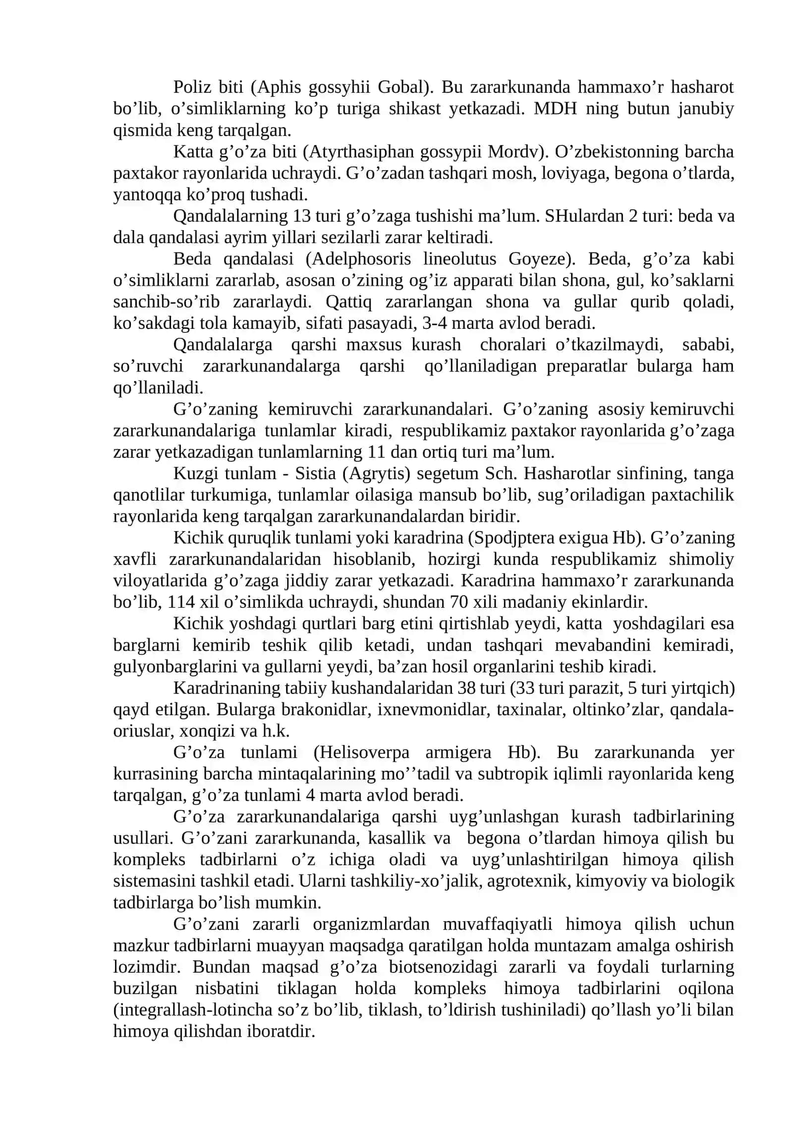 G’O’ZA SO’RUVCHI VA KEMIRUVCHI ZARARKUNANDALARI VAULARGA QARSHI KURASH CHORALARI 2