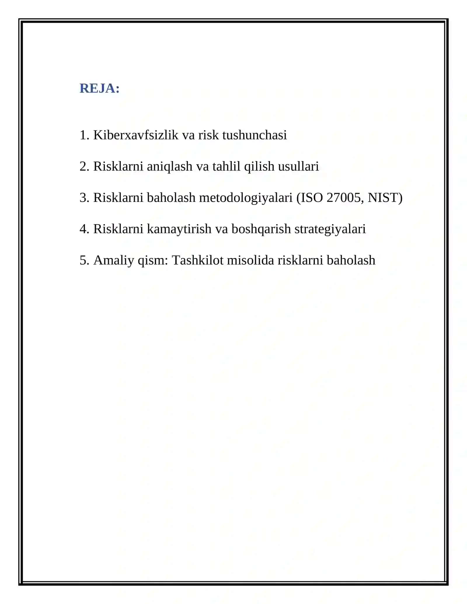 Kiberxavfsizlik asoslari fanidan kiberxavhsizlikda risklarni baholashni organish 2