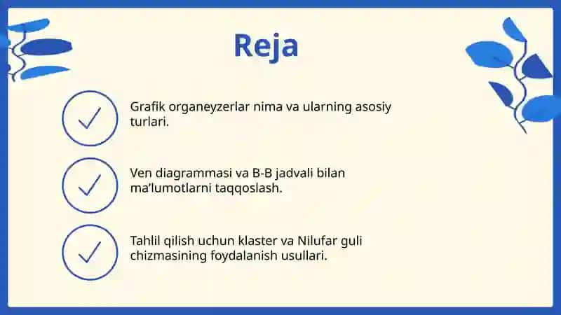 O'qitishning grafik organeyzerlar vositasidan tabiiy fanlarni o'qitishda foydalanish:Nima uchun, Ven diagrammasi, T-jadval, B-B jadvali, Qanday diagrammasi, Nilufar guli chizmasi, Klaster va boshqalar 2