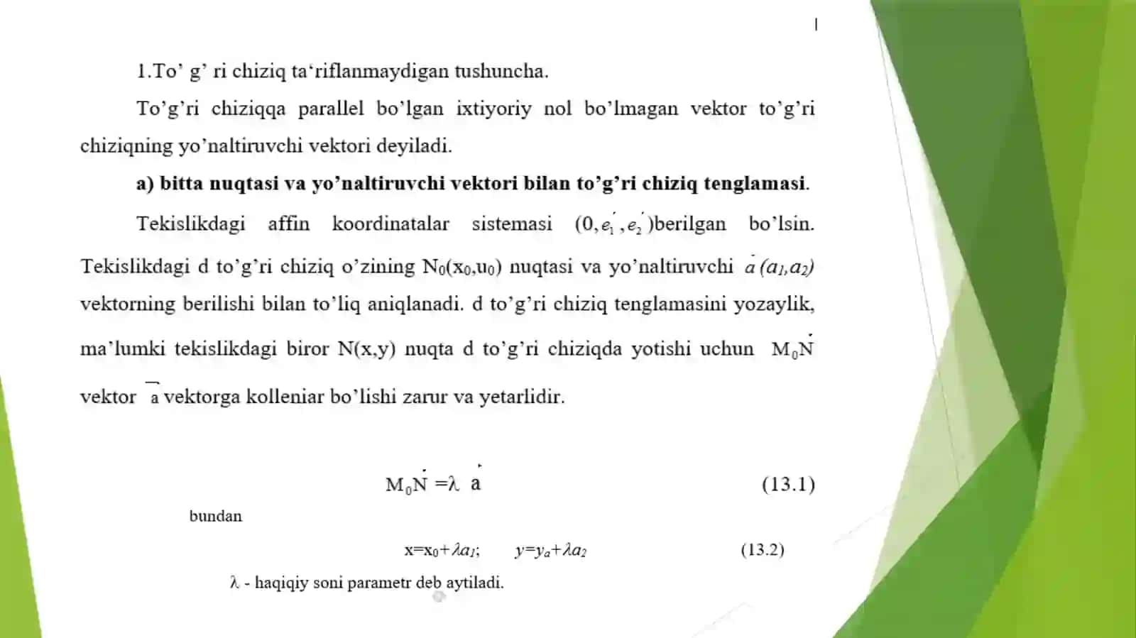 TEKISLIKDA TO’G’RI CHIZIQ VA ULARNING TENGLAMALARI 2