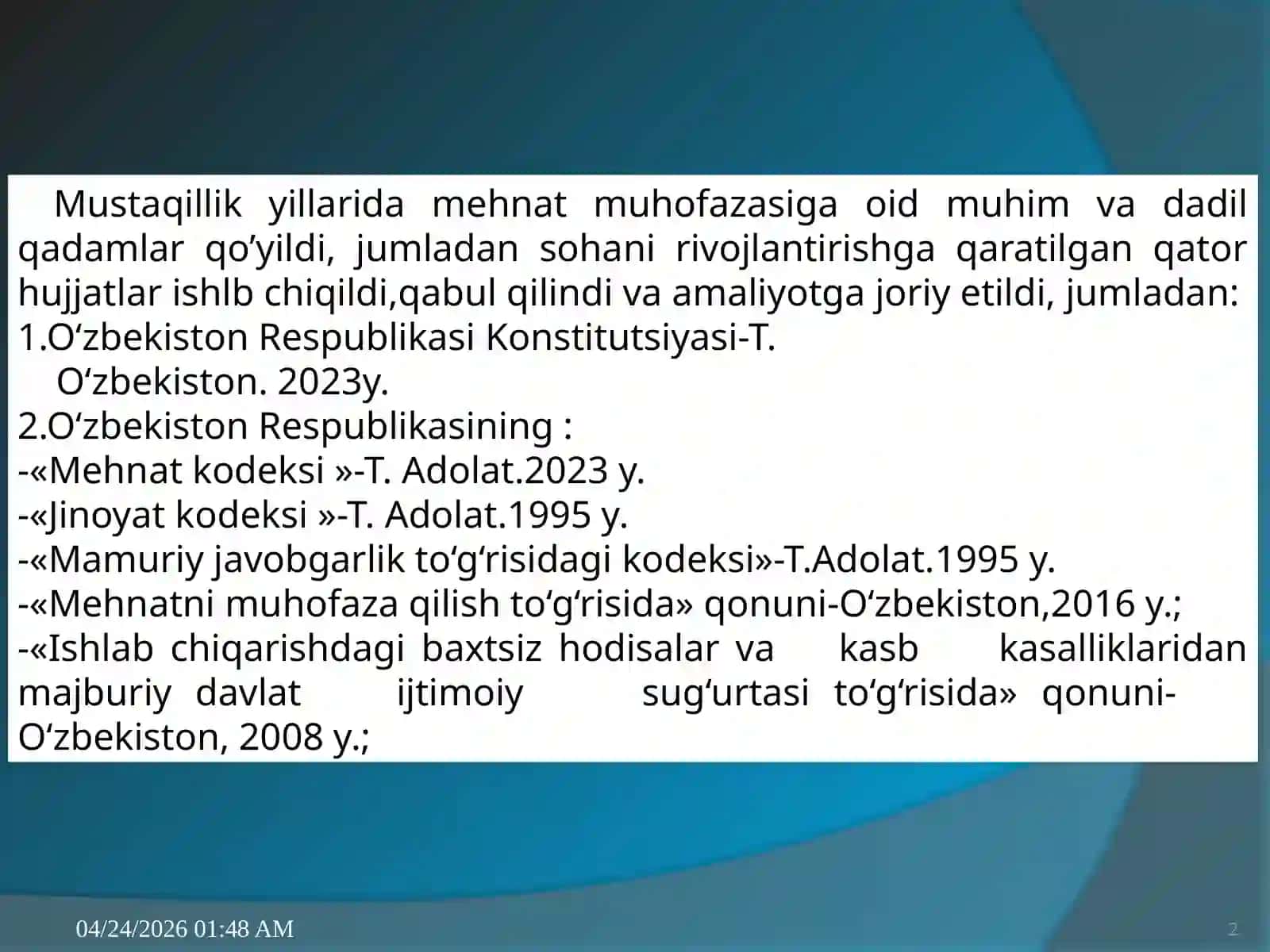 MEHNAT XAVFSIZLIGINI ME’YORIY - HUQUQIY TARTIBGA SOLISH 2