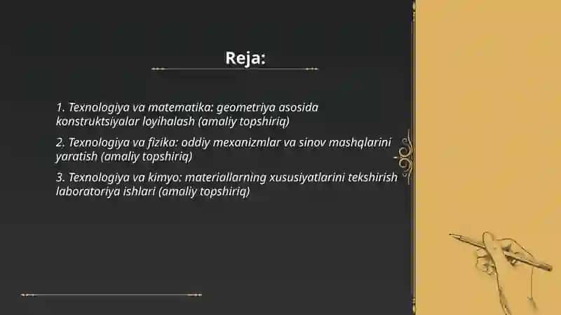 Texnologiya darslarini boshqa fanlar bilan integratsiya qilish bo'yicha amaliy topshiriqlar 2