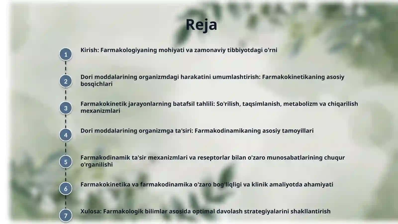 Umumiy farmakologiya. Dori moddalarni farmokokinetikasi va farmakodinamikasi. 2