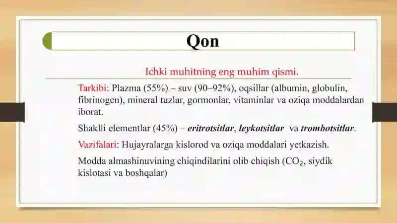 Organizm ichki muhitining tarkibi. Ichki muhit tarkibining yoshga oid xususiyatlari. 2