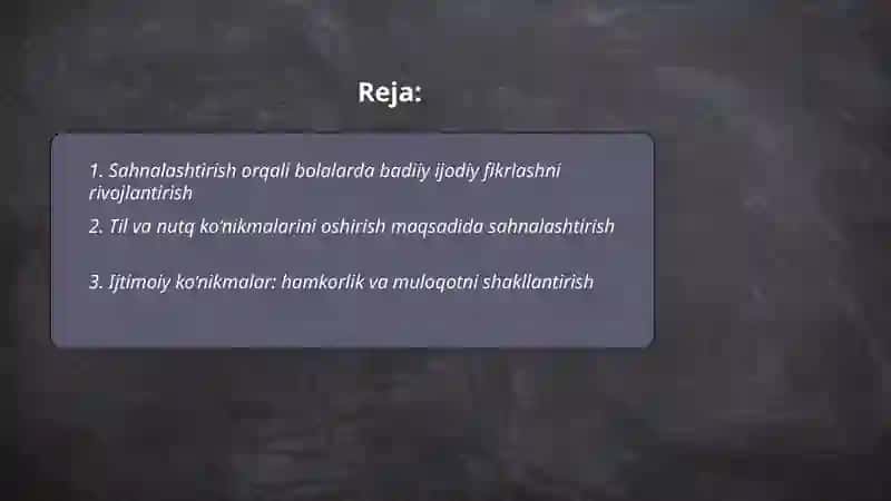 Sahnalashtirish faoliyatining asosiy maqsadi 2