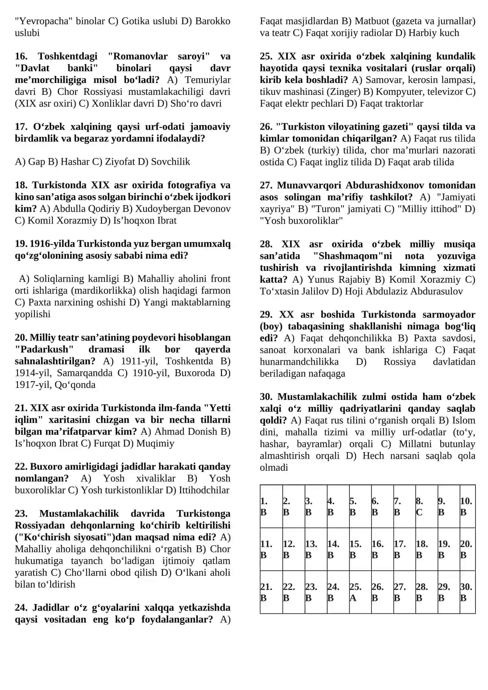 Turkiston Mustamlakachilik va Milliy Uyg‘onish Davri (Blok Test) 2