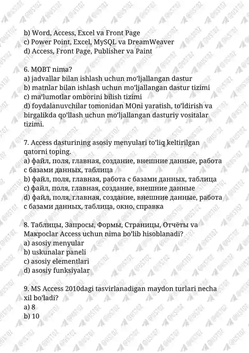 11-SINF INFORMATIKA FANIDAN MAKTAB BOSQICH OLIMPIADA SAVOLLARI 2