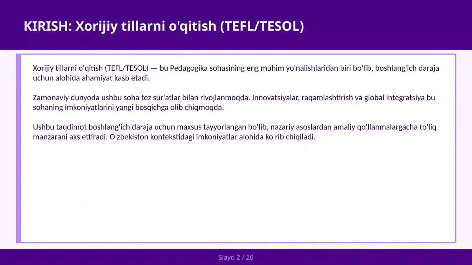 KIRISH: Xorijiy tillarni o'qitish (TEFL/TESOL) 2
