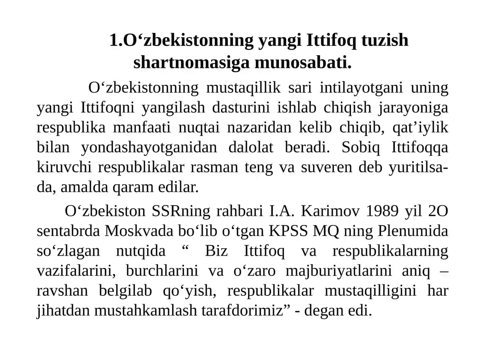 MUSTАQIL O’ZBEKISTОN RESPUBLIKАSINING TАSHKIL TОPISHI VА UNING TАRIХIY АHАMIYATI.O’ZBEKISTONNING O’ZIGА ХOS ISTIQLOL VА TАRАQQIYOT YO’LI 2