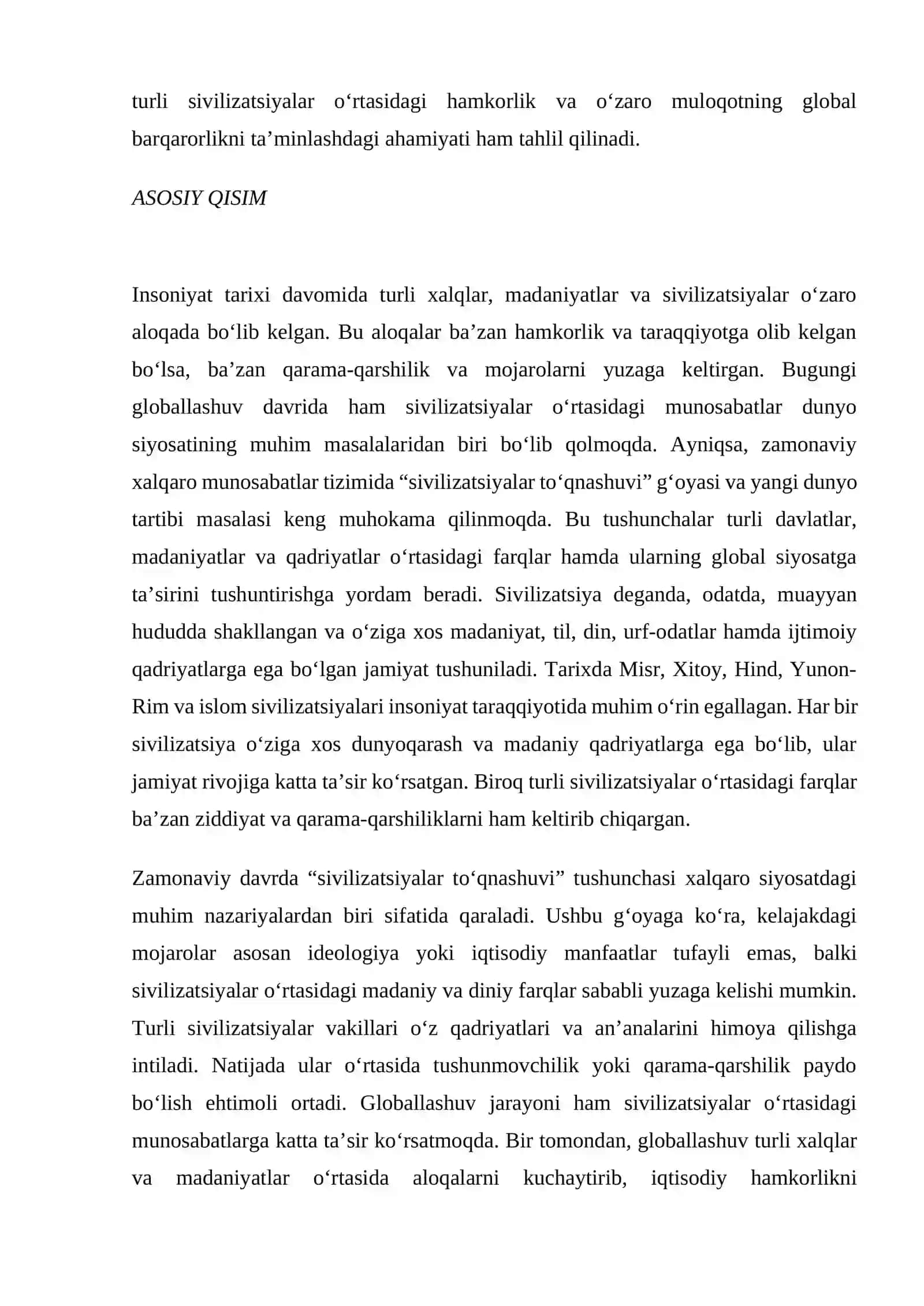 SIVILIZATSIYALAR TO‘QNASHUVI VA YANGI DUNYO TARTIB ESSE 2