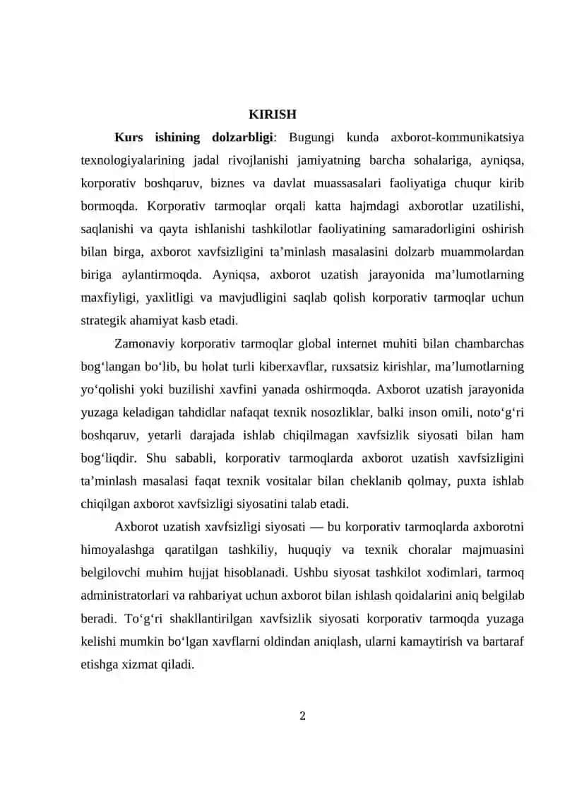 Korporativ tarmoqlarda axborot uzatish xavfsizligi siyosati 2