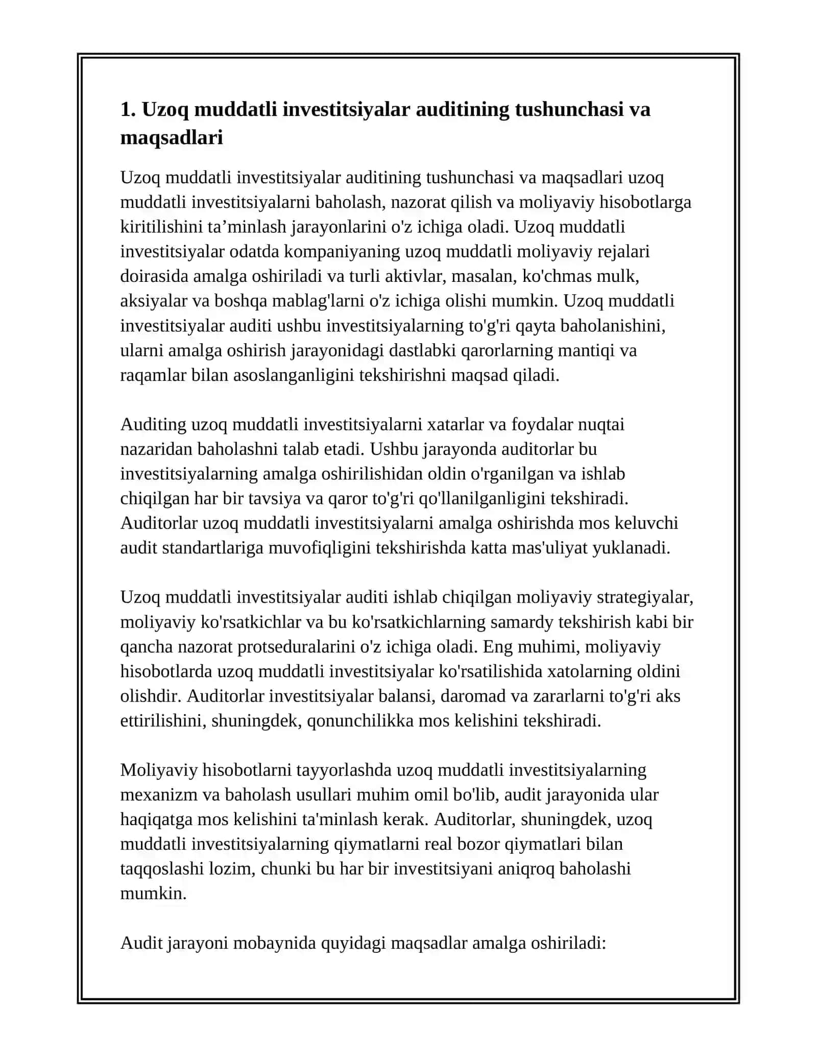 Uzoq muddatli investitsiyalar auditini 2
