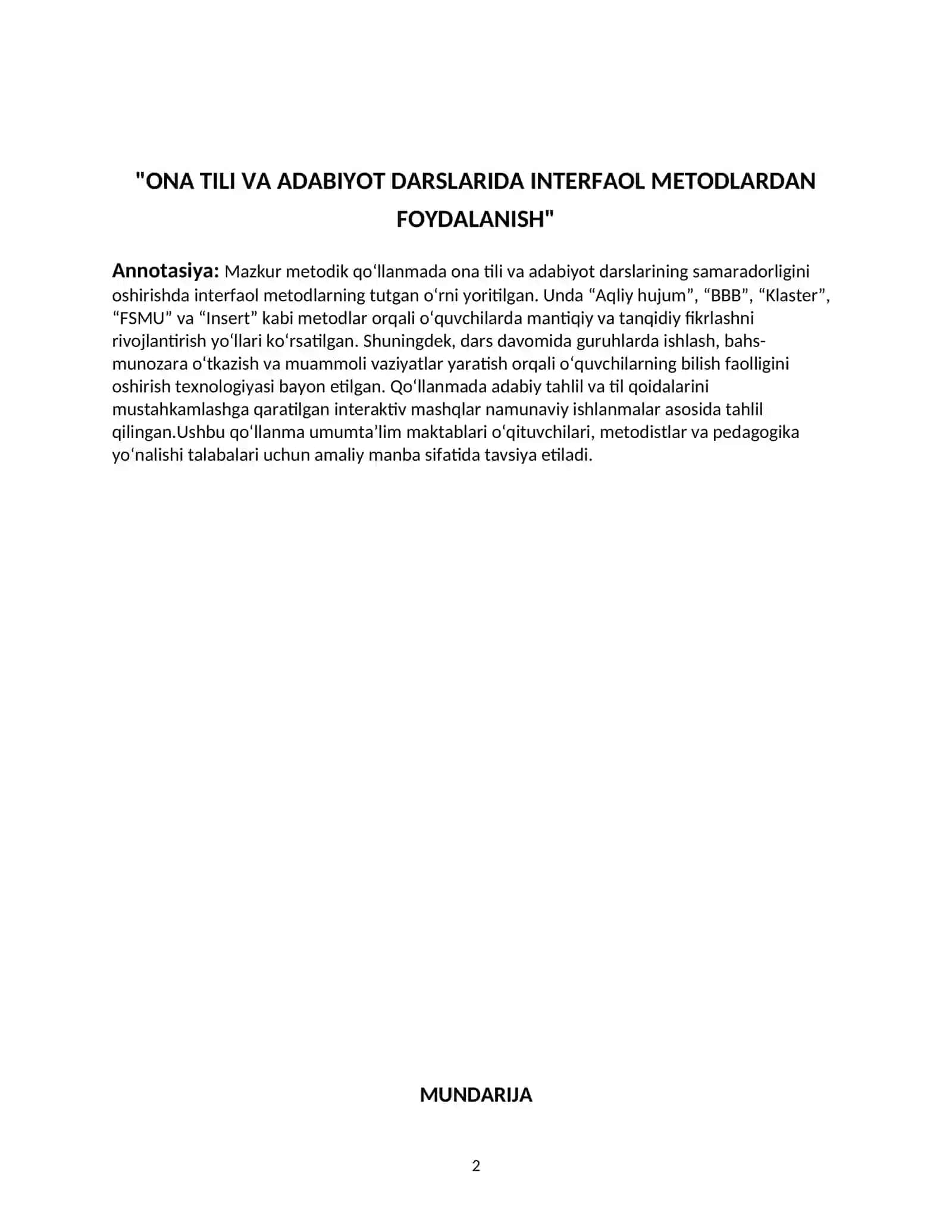 "ONA TILI VA ADABIYOT DARSLARIDA INTERFAOL METODLARDAN FOYDALANISH" 2