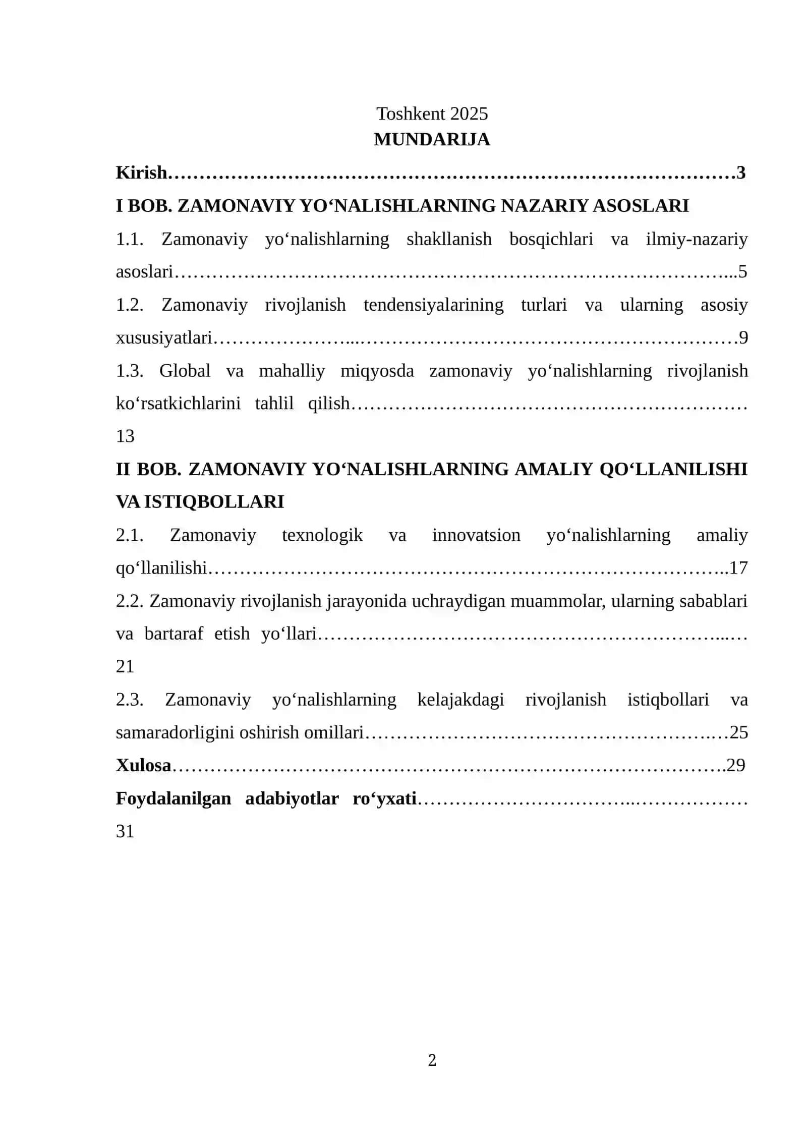 Zamonaviy yo’nalishlar va rivojlanish tendensiyalari 2