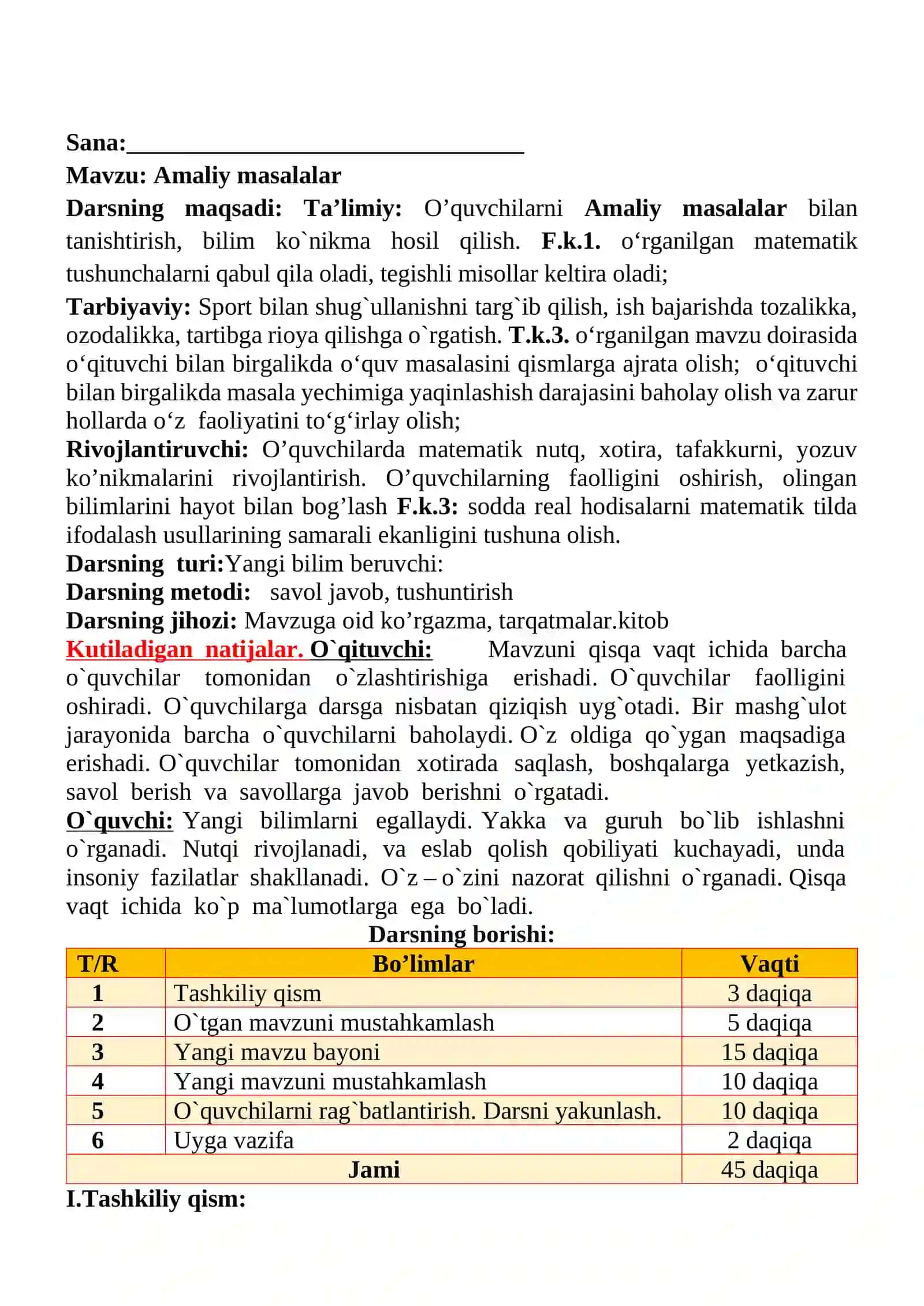Amaliy masalalar mavzusida 3-sinf Matematika fanidan dars ishlanmasi 2