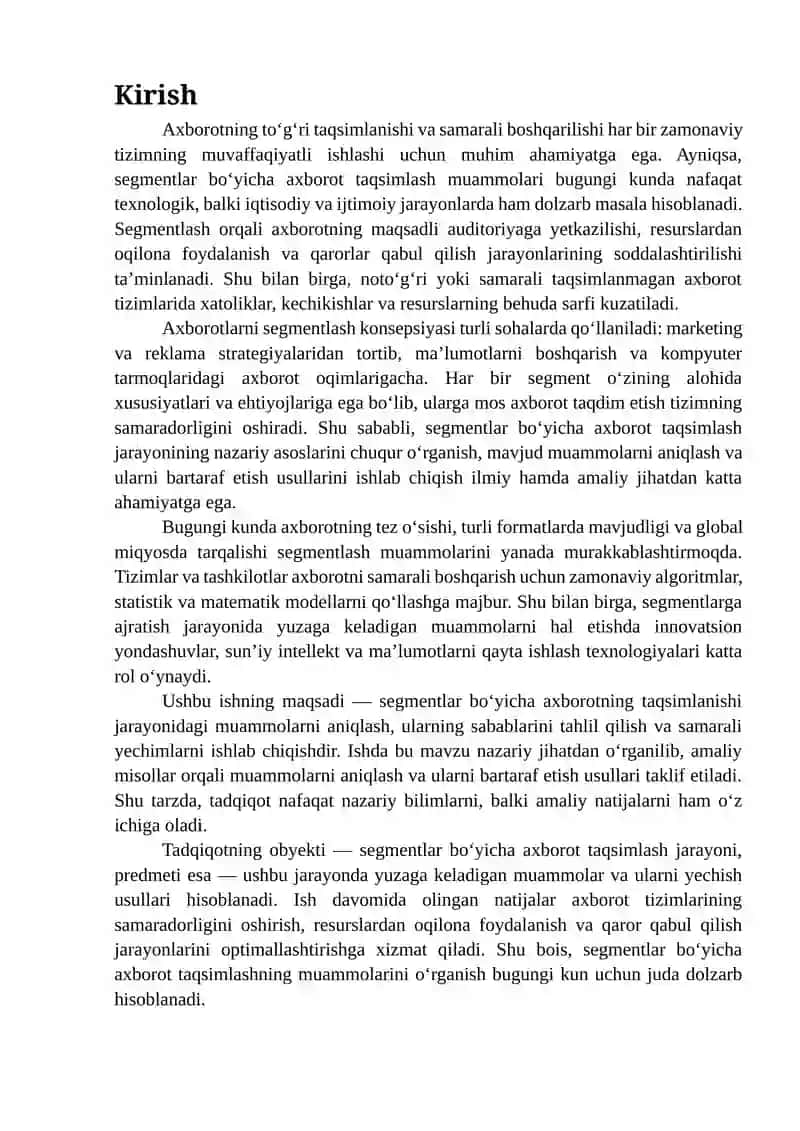 SEGMENTLAR BO'YICHA AXBOROTLARNING TAQSIMLANISHI MUAMMOLARI 2