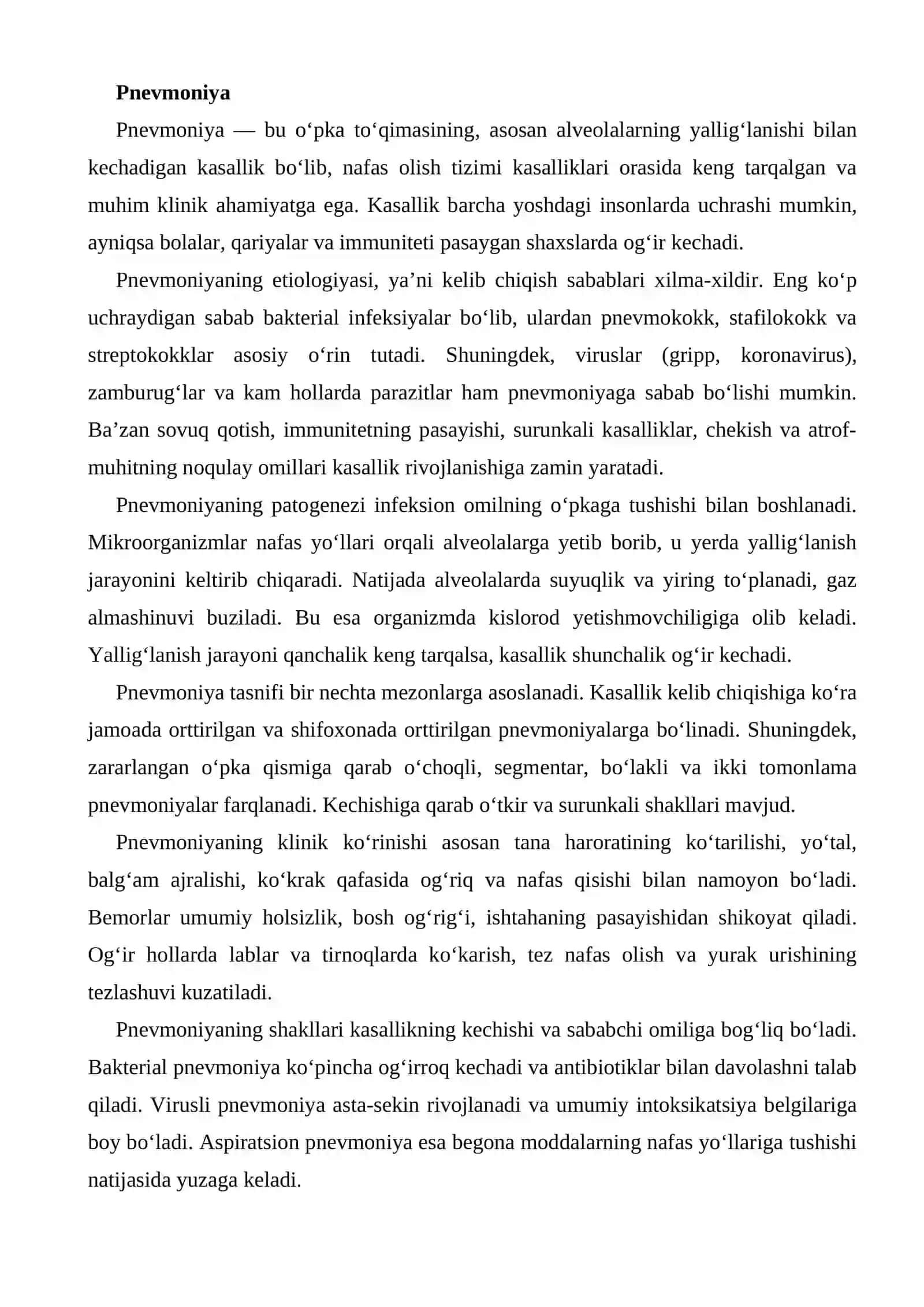 Pnevmoniya, tuberkulez va o‘pka infarkti: etiologiyasi, patogenezi, tasnifi, klinik ko‘rinishi va shakllari 2