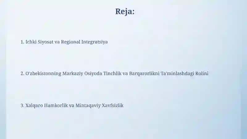O'zbekistonning Markaziy Osiyoda Tinchlik va Barqarorlikni Ta'minlashdagi Rolini 2