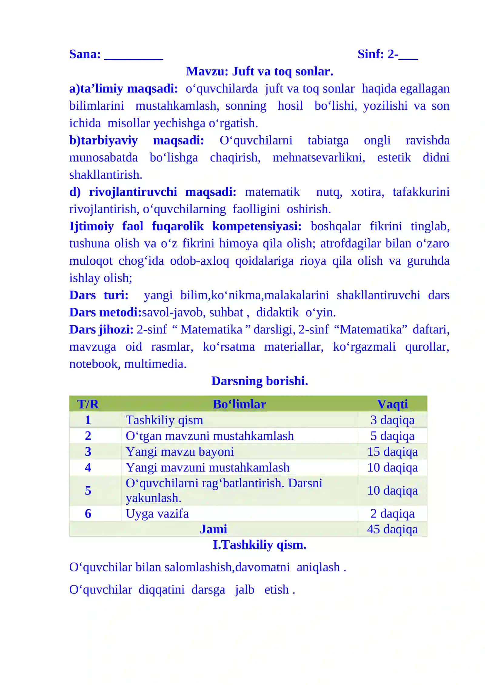 2-sinf Matematika Juft va toq sonlar 3-chorak dars ishlanmasi 2