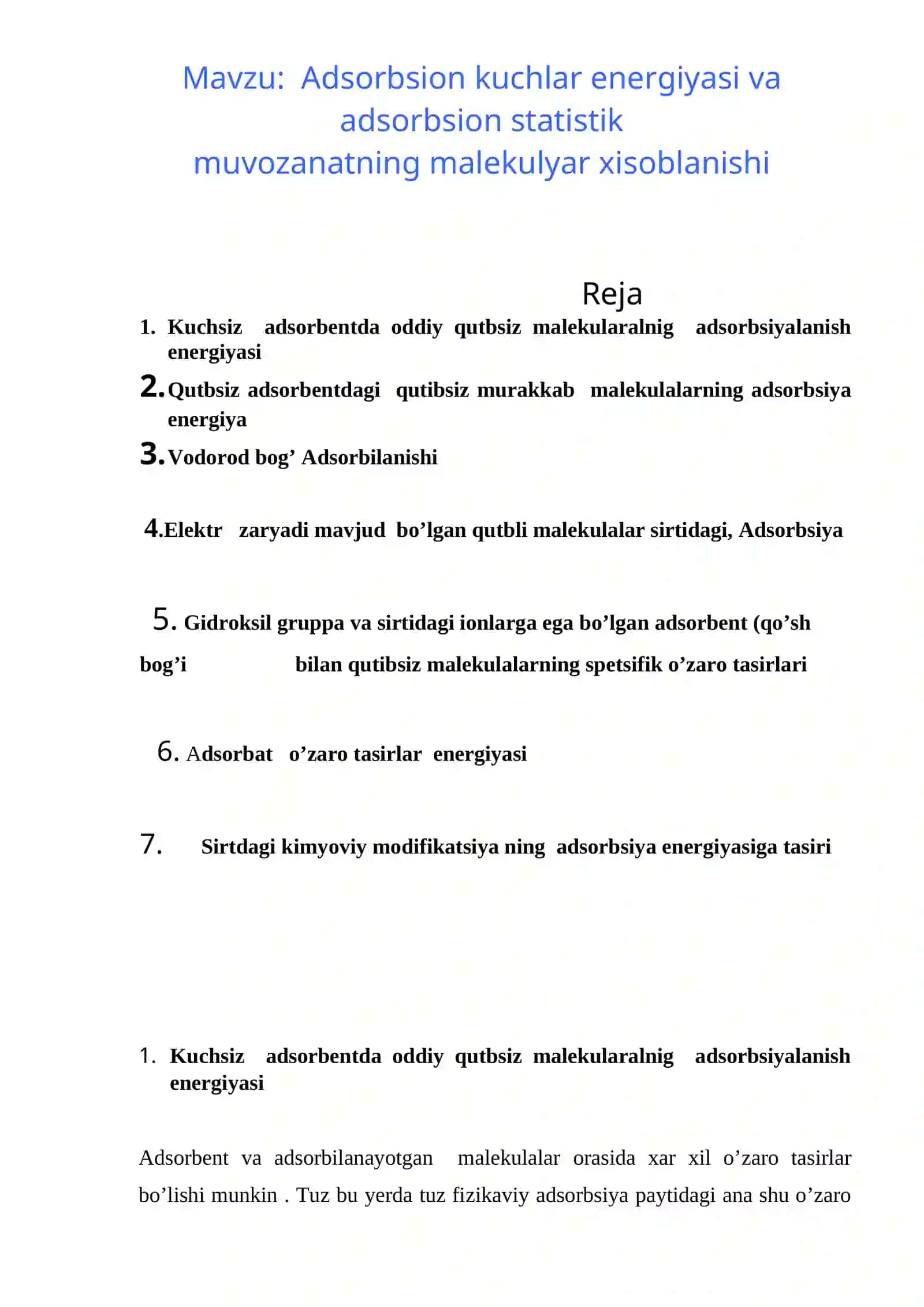 Adsorbsion kuchlar energiyasi va adsorbsion statistik muvozanatning malekulyar xisoblanishi 2