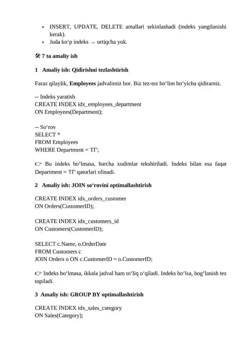Indekslar bilan optimallashtirish. 2