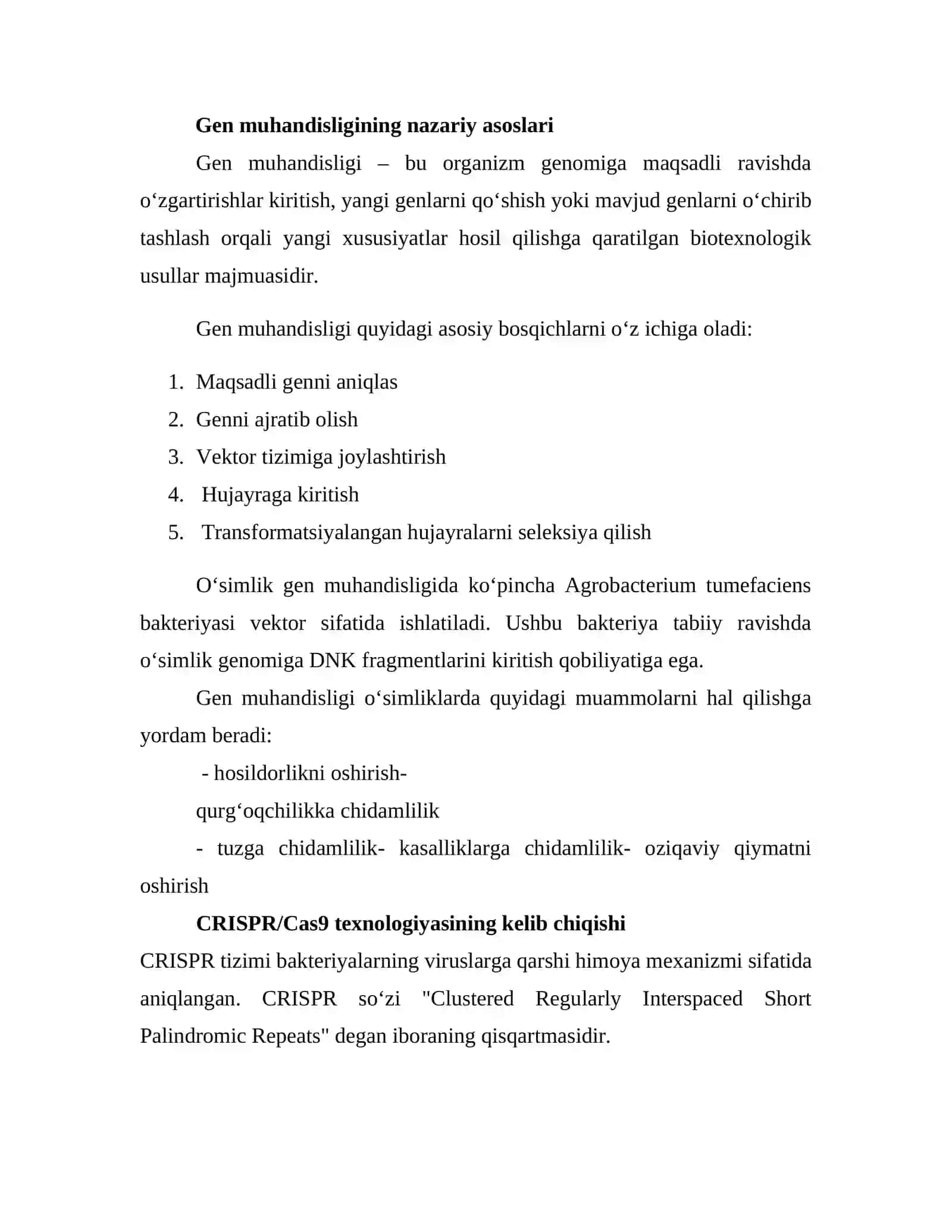 Biotexnologiyada gen muhandisligi usullari yordamida o‘simliklarning sifat ko‘rsatkichlarini yaxshilash va hosildorligini oshirish (CRISPR/Cas9 texnologiyasi 2